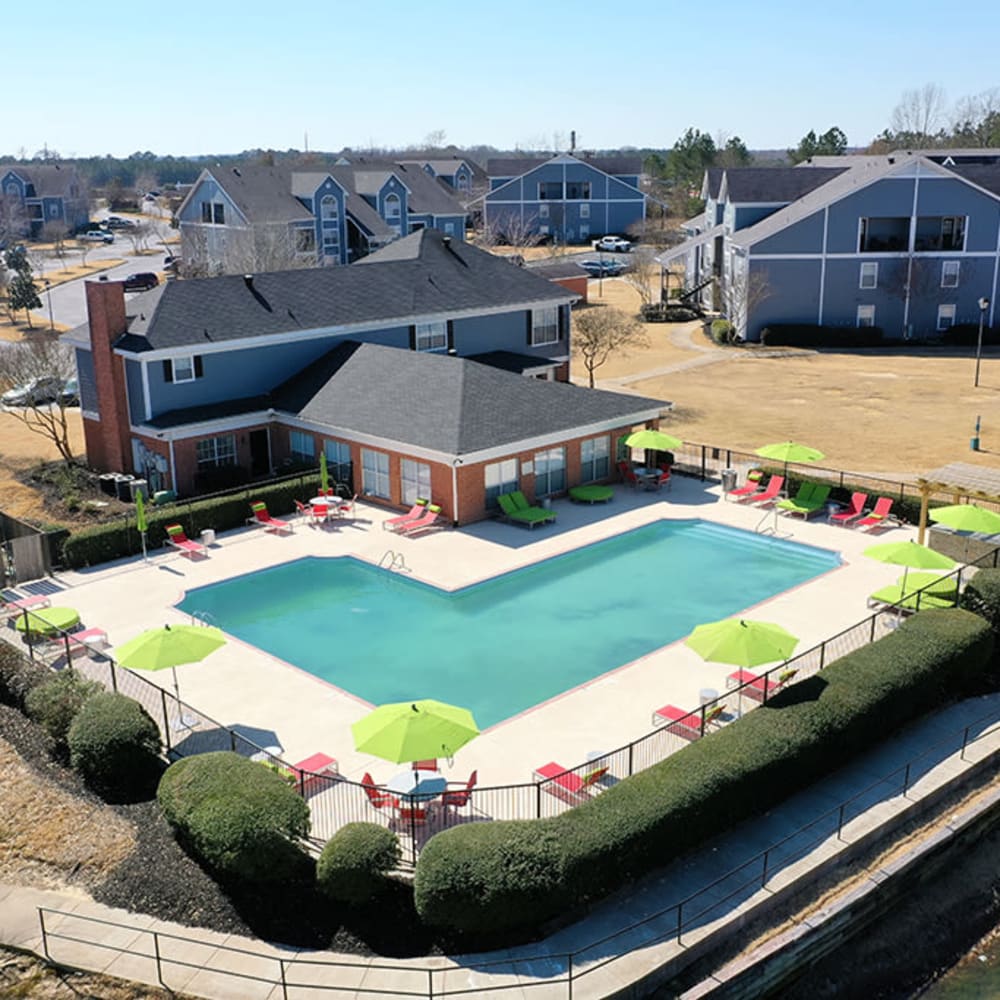 An aerial view of the community swimming pool at Spring Lake in Byram, Mississippi