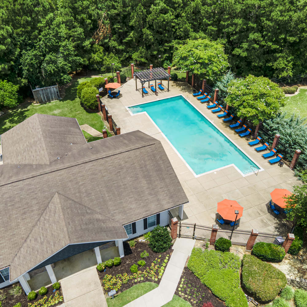 An aerial view of the clubhouse and swimming pool at Midsouth 301 in Jackson, Mississippi