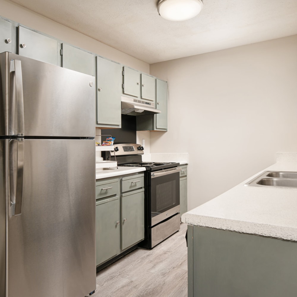 Stainless-steel appliances in an apartment kitchen at Midsouth 301 in Jackson, Mississippi