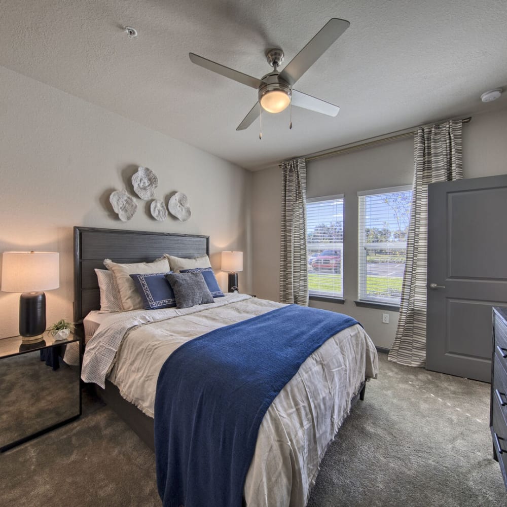 Bedroom with plush carpeting at Venue Live Oak in Sarasota, Florida
