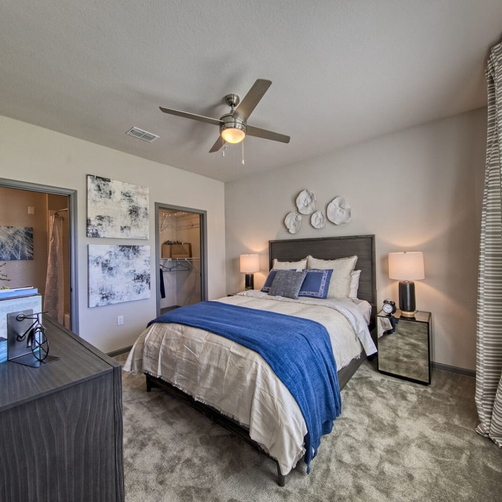 Bedroom with a ceiling fan at Venue Live Oak in Sarasota, Florida