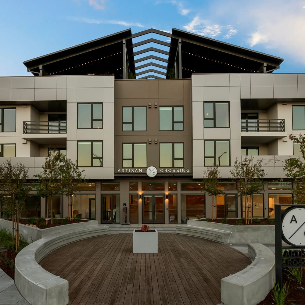 Entrance to community building at Artisan Crossing in Belmont, California