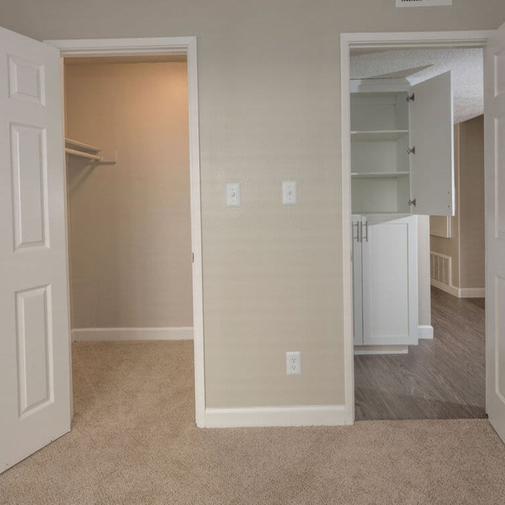 Bedroom with large walk-in closet at Waverly Flats in Sacramento, California