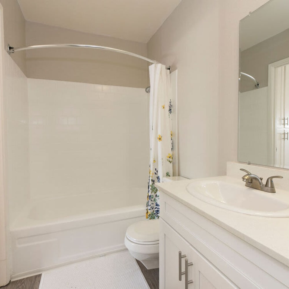 Bathroom with a shower curtain and floor rug at Waverly Flats in Sacramento, California