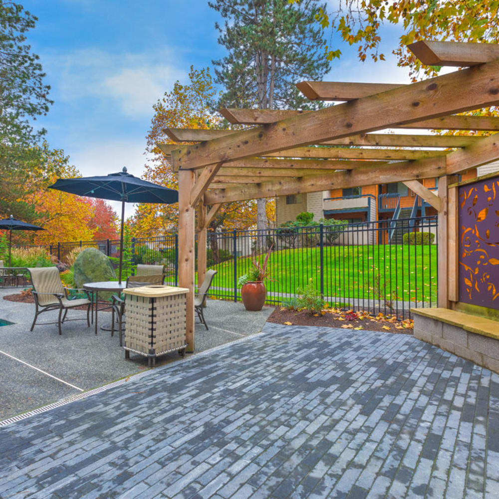 Outdoor covered gathering areas at Alderwood Park in Lynnwood, Washington
