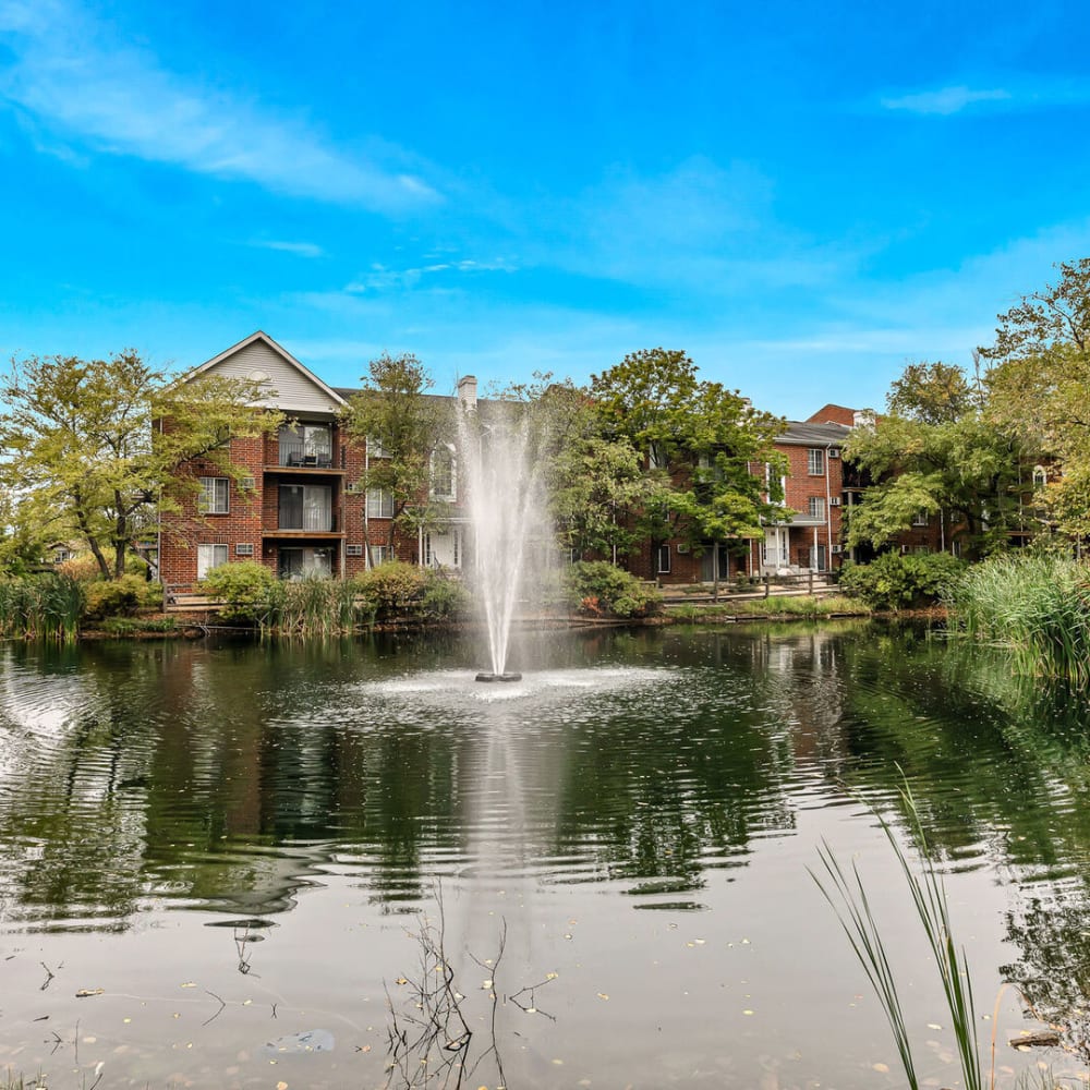 A water feature in the community pond at Huntington Apartments in Naperville, Illinois