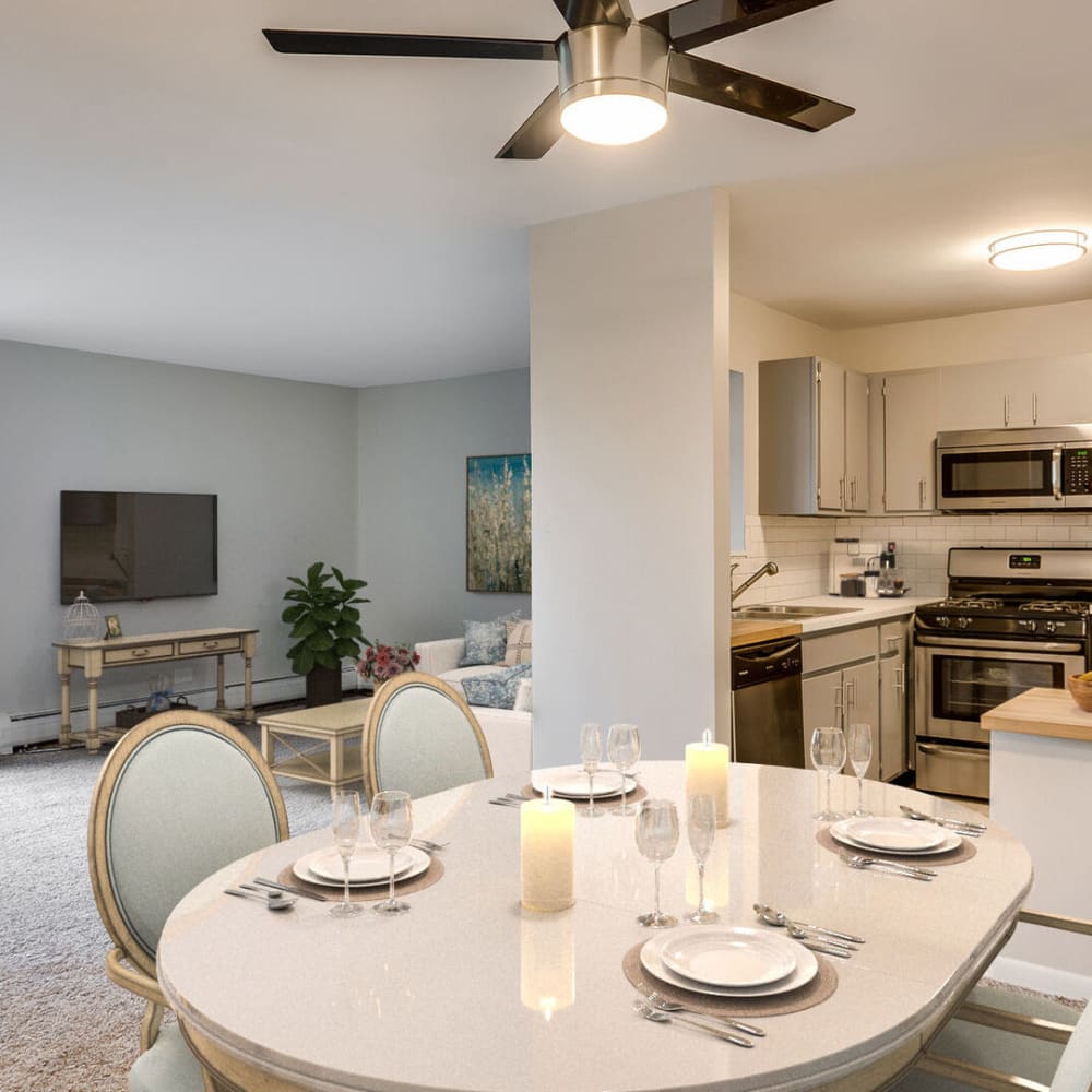 A set dining table in a model apartment at Huntington Apartments in Naperville, Illinois