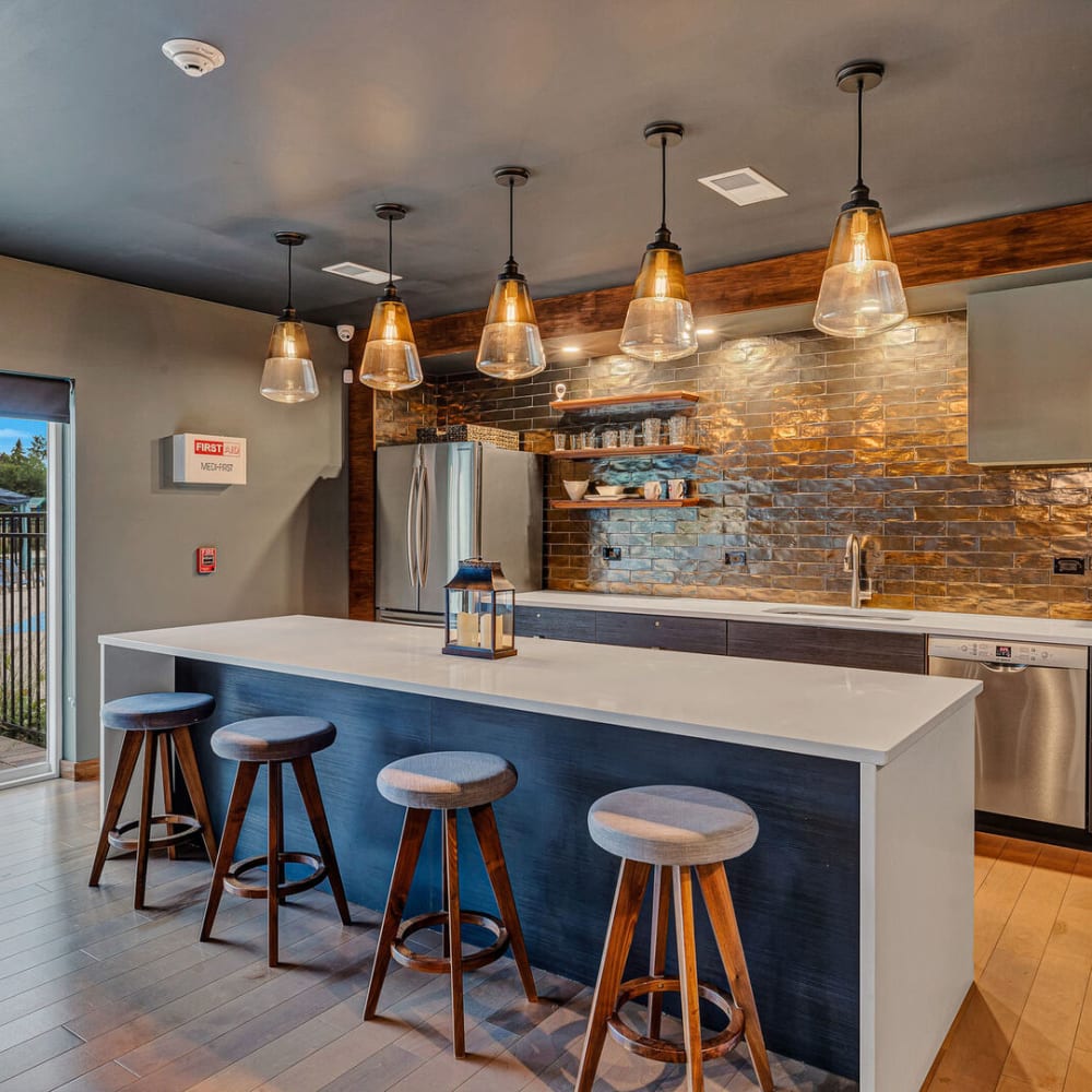 Bar seating in the community clubhouse kitchen at Huntington Apartments in Naperville, Illinois
