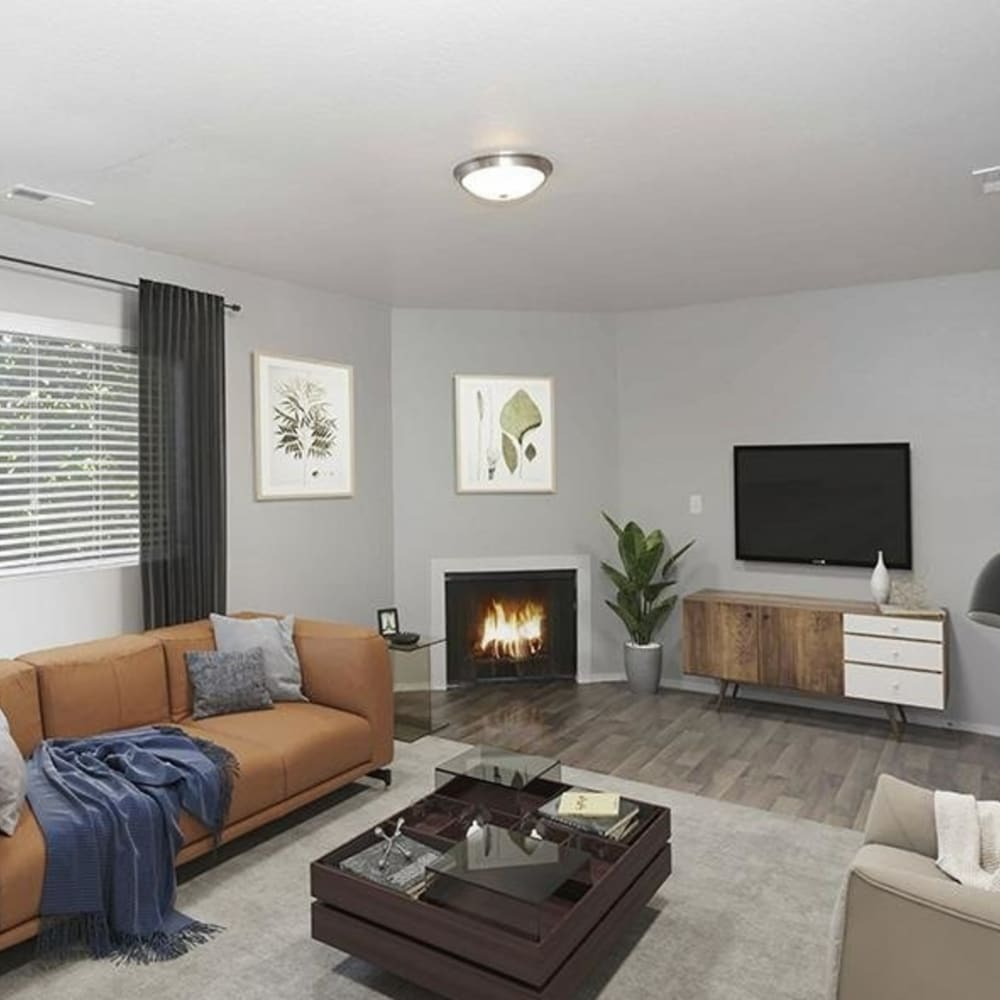 Living space with a fireplace at Revolve in Murray, Utah
