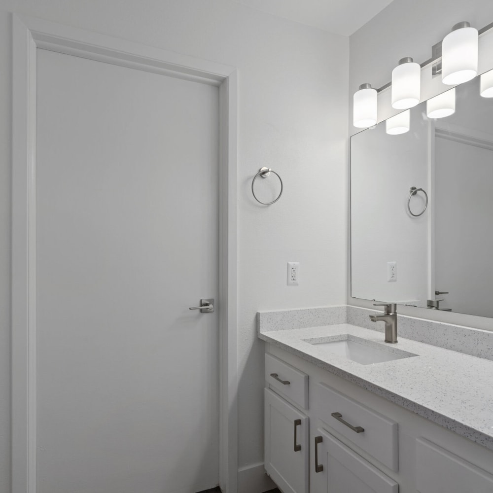 Bathroom with large vanity at The Franklyn Apartments in Millcreek, Utah