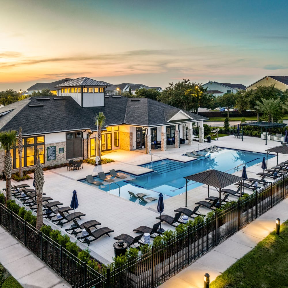 An aerial view of our luxurious pool and fitness center at Novo Kendall Town in Jacksonville, Florida
