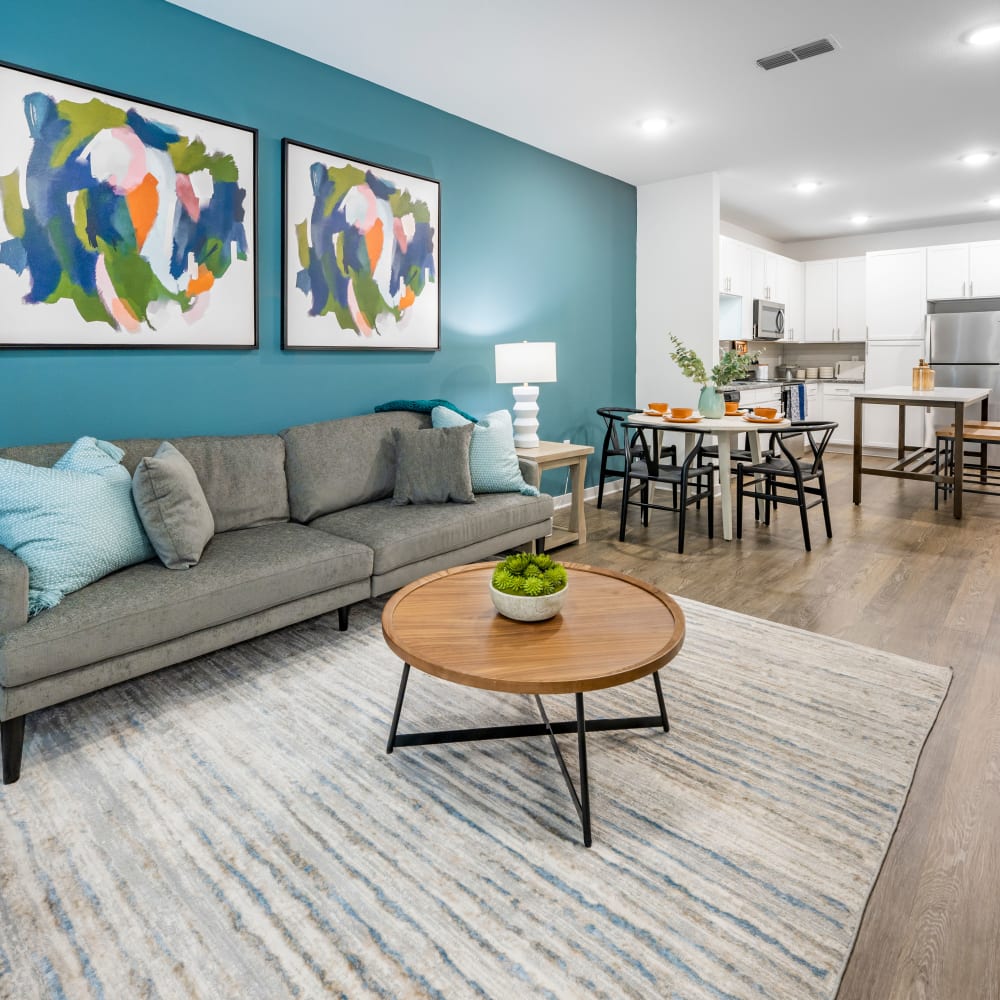 Large living room space in a model home at Novo Kendall Town in Jacksonville, Florida