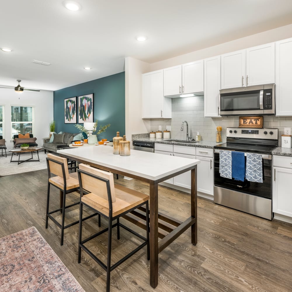 A modern kitchen with wood flooring and stainless-steel appliances at Novo Kendall Town in Jacksonville, Florida