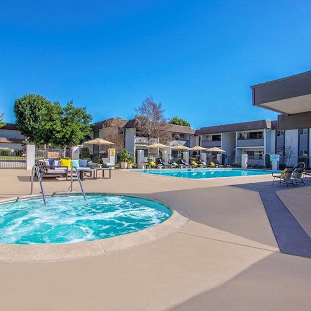Refreshing swimming pool area at Grand Terrace in Glendora, California