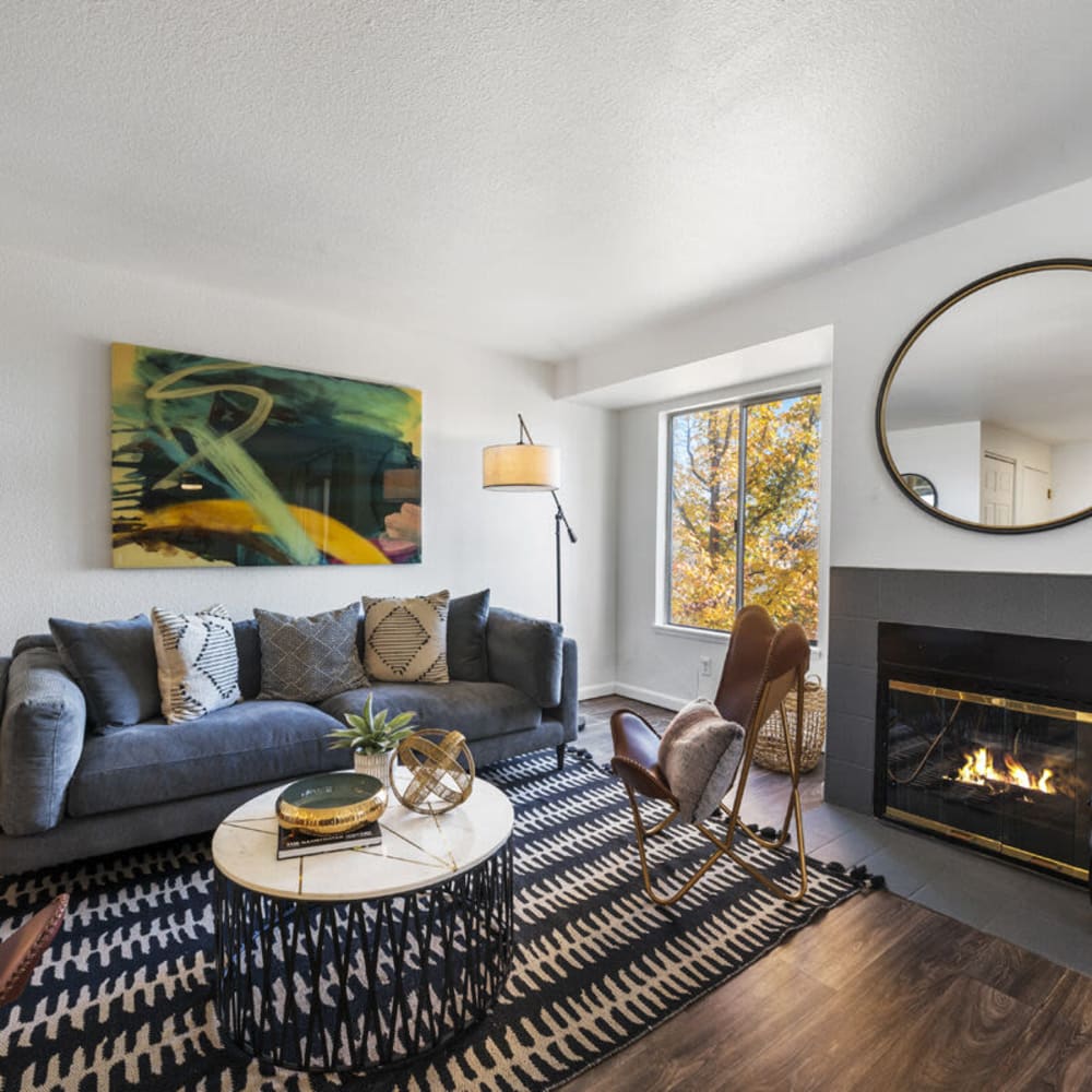 Living space with a fireplace at Apex at Sky Valley in Reno, Nevada