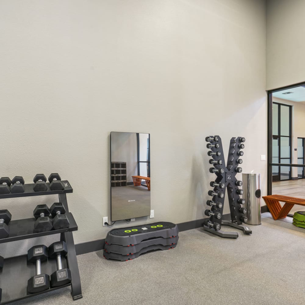 Fitness center with free-weights at Apex at Sky Valley in Reno, Nevada