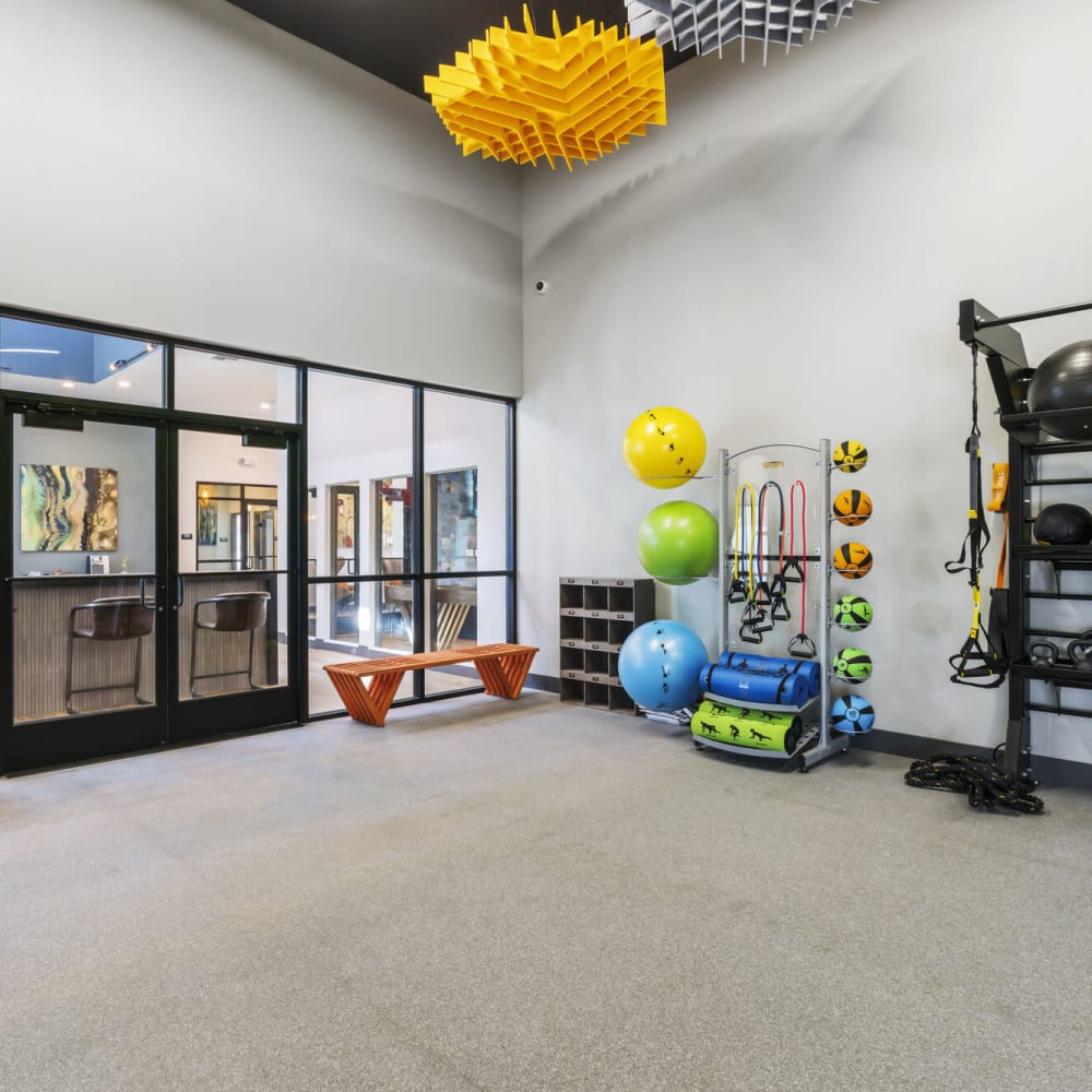 Fitness center with exercise balls at Apex at Sky Valley in Reno, Nevada