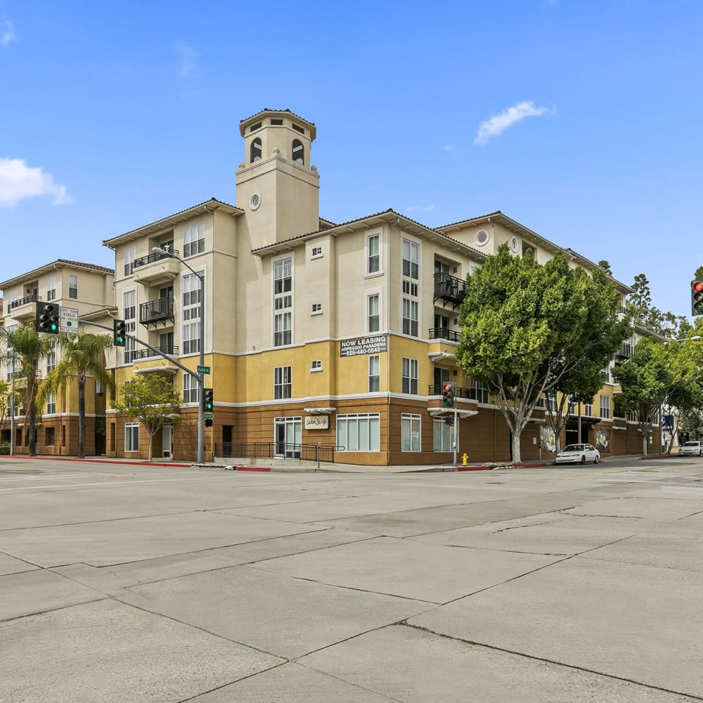 Extended wide angle view of property building at Arpeggio in Pasadena, California 