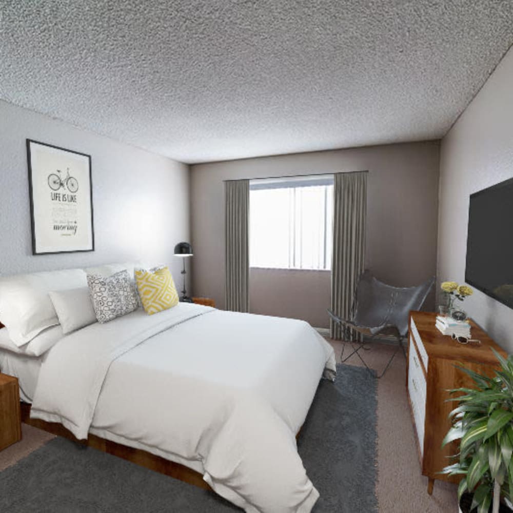 Master bedroom with plush carpeting at Blix32 Apartments in Toluca Lake, California