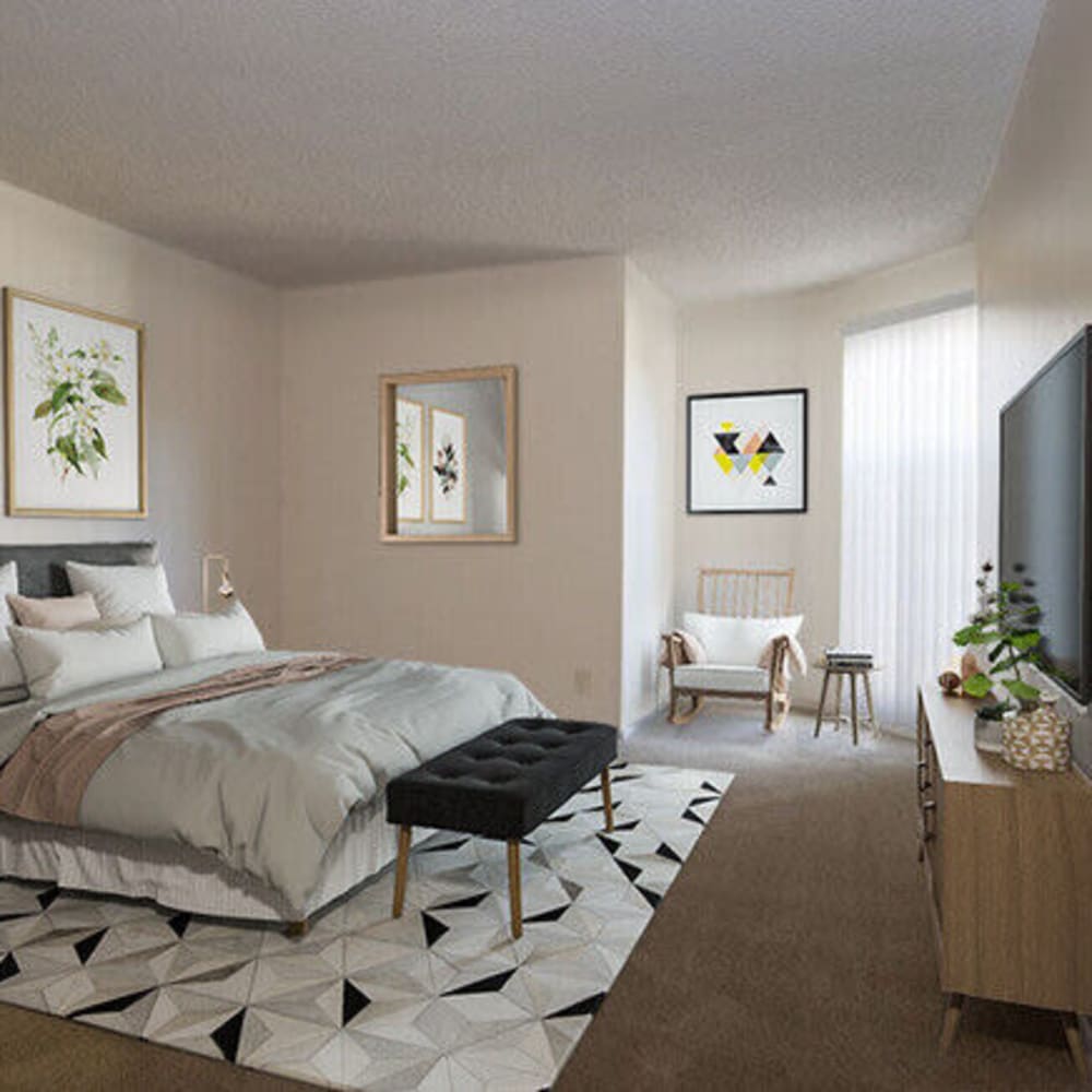 Master bedroom with plush carpeting at Bloom Beverly Hills in Los Angeles, California