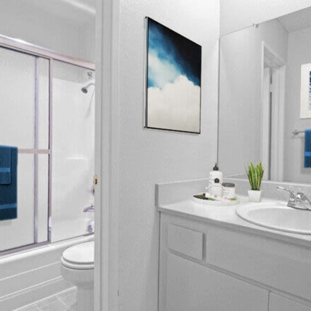 Resident bathroom with great cabinetry at Bloom Beverly Hills in Los Angeles, California