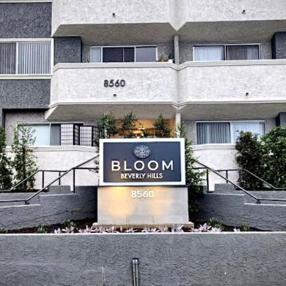 Exterior building view with landmark at Bloom Beverly Hills in Los Angeles, California