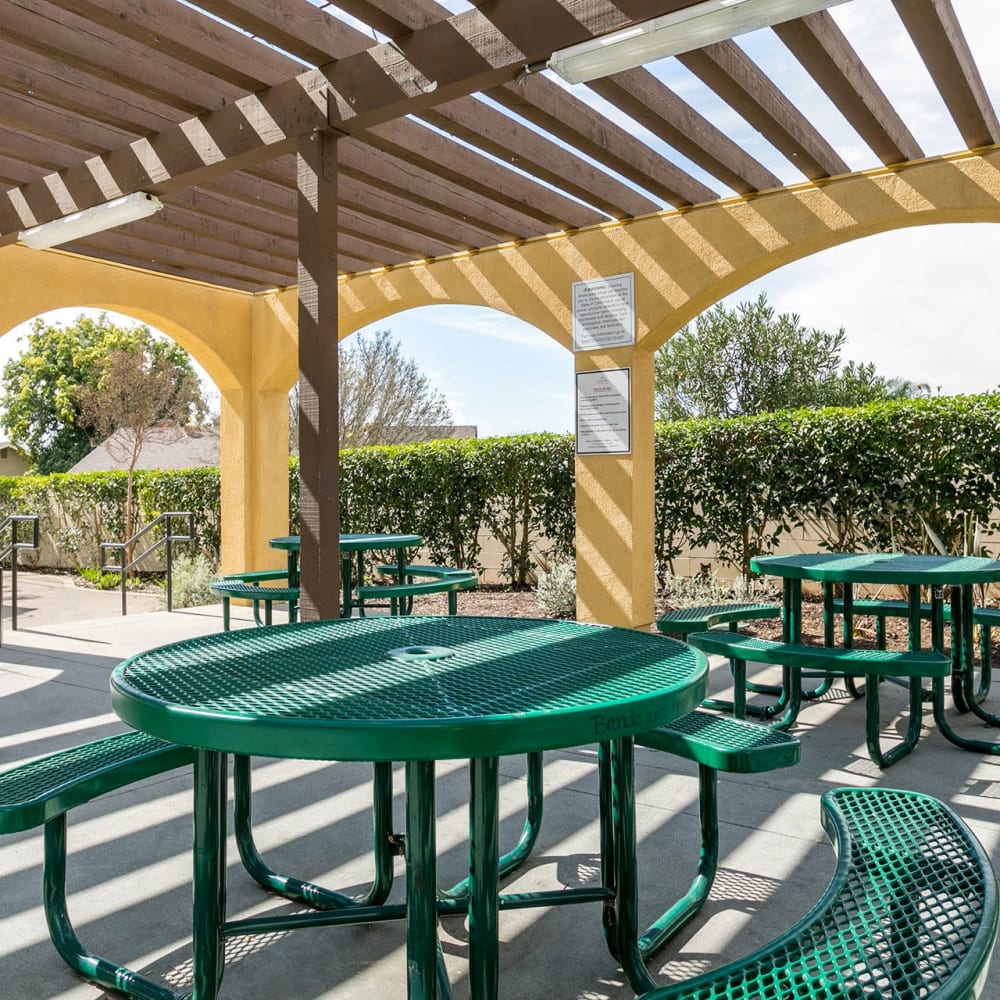 Covered picnic tables at Casitas Apartments in Ontario, California