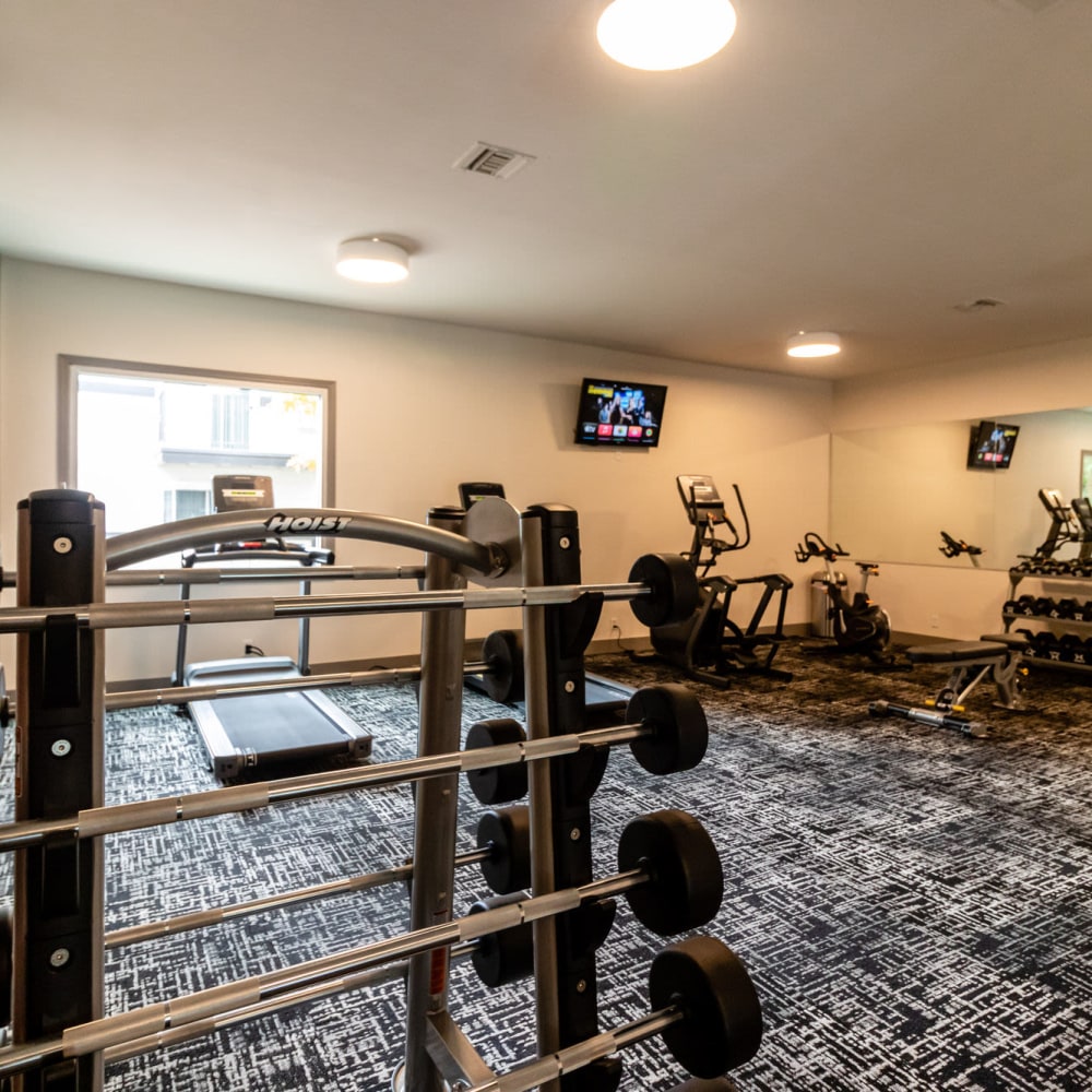 Fitness center with free-weights at The Element Apartments in Reno, Nevada