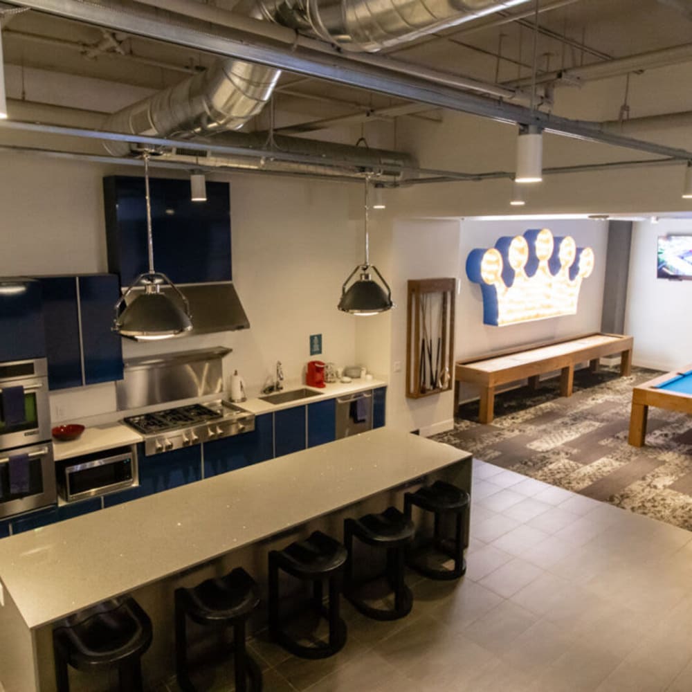 Community kitchen with game room at 3rd Street Flats in Reno, Nevada
