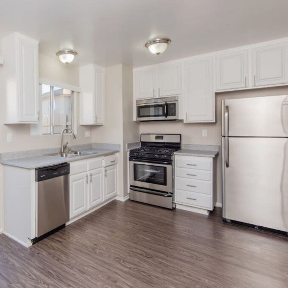 Kitchen with gray accents at Westerly Shores in Oxnard, California