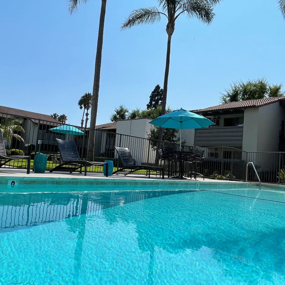Swimming pool area at Corte Bella in Fountain Valley, California