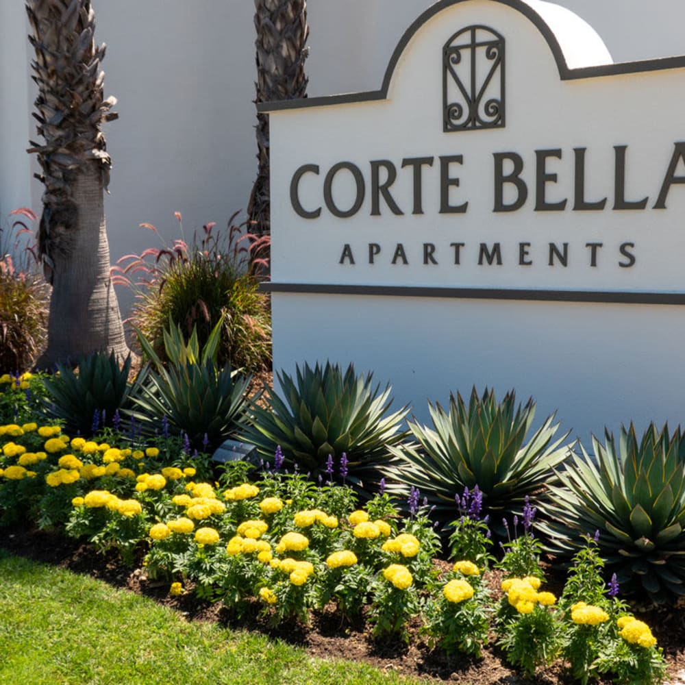 Front entrance sign at Corte Bella in Fountain Valley, California