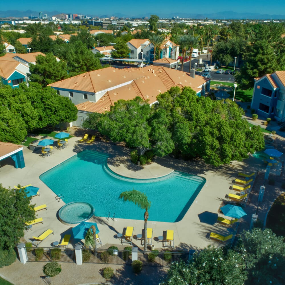 Aerial shot of pool at Galleria Palms in Tempe, Arizona