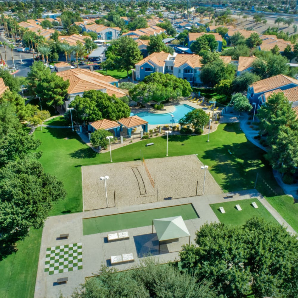 Aerial shot of pool and sand volleyball pit at Galleria Palms in Tempe, Arizona