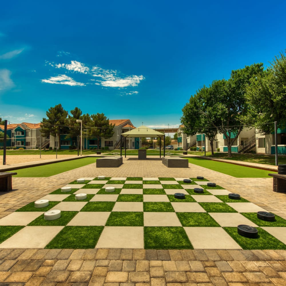 Outdoor checkers and chess at Galleria Palms in Tempe, Arizona