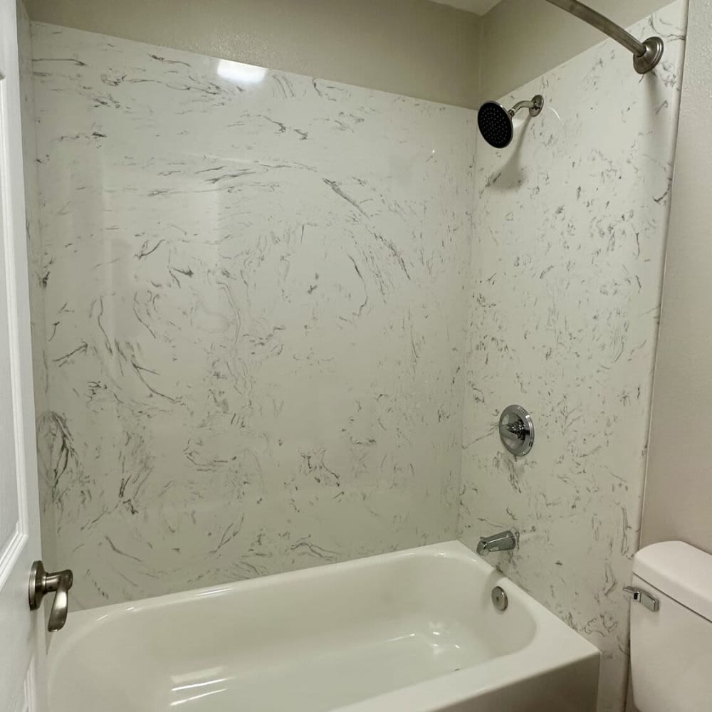 Bathroom with a nice shower backsplash at Sheridan Park in Salinas, California