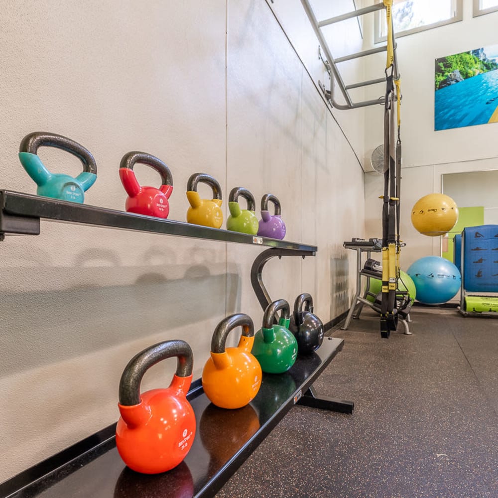 Fitness center with free weights at The Seasons in Lynnwood, Washington