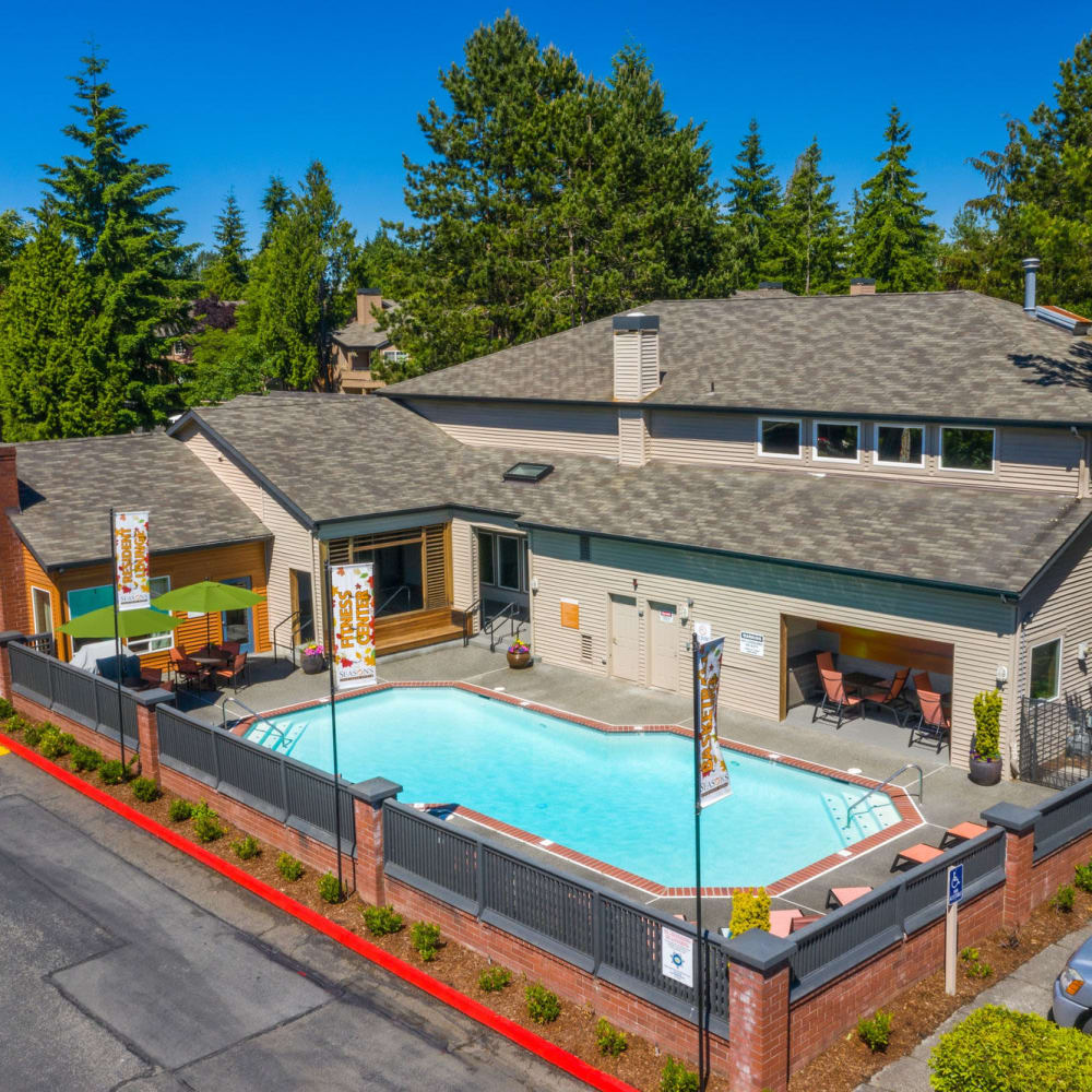 Overhead view of the fenced swimming pool area at The Seasons in Lynnwood, Washington