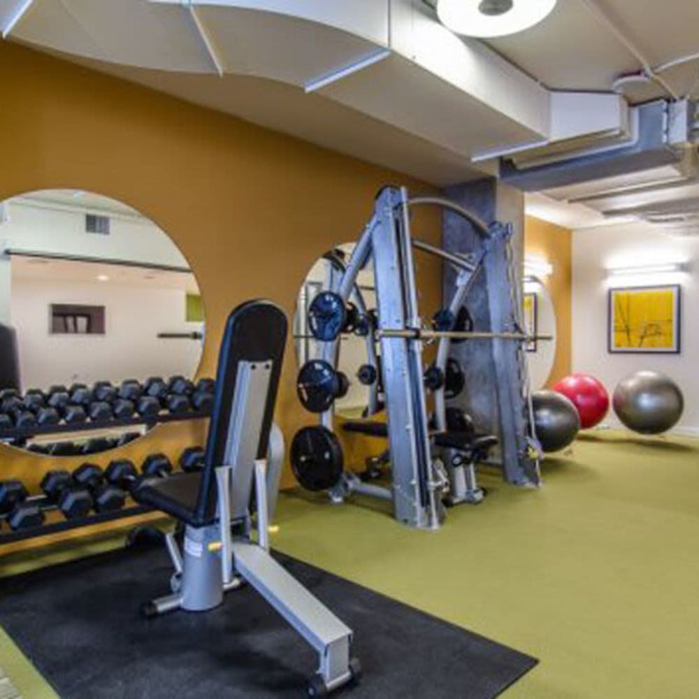 Fitness center with weights at Viktoria in Seattle, Washington