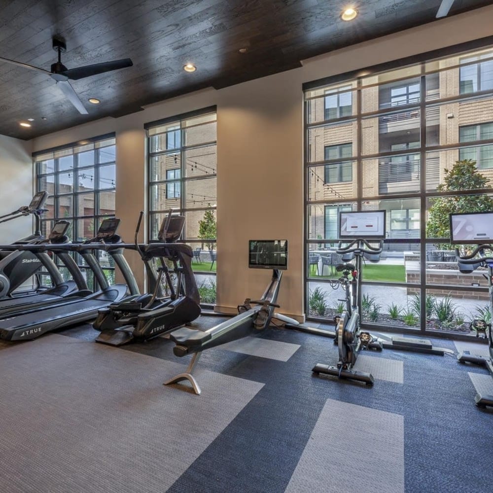 Cardio equipment in the fitness center at Ross + Peak in Dallas, Texas