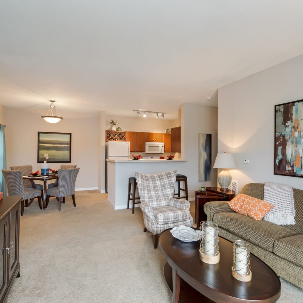 Living space with plush carpeting at Cumberland Pointe in Noblesville, Indiana