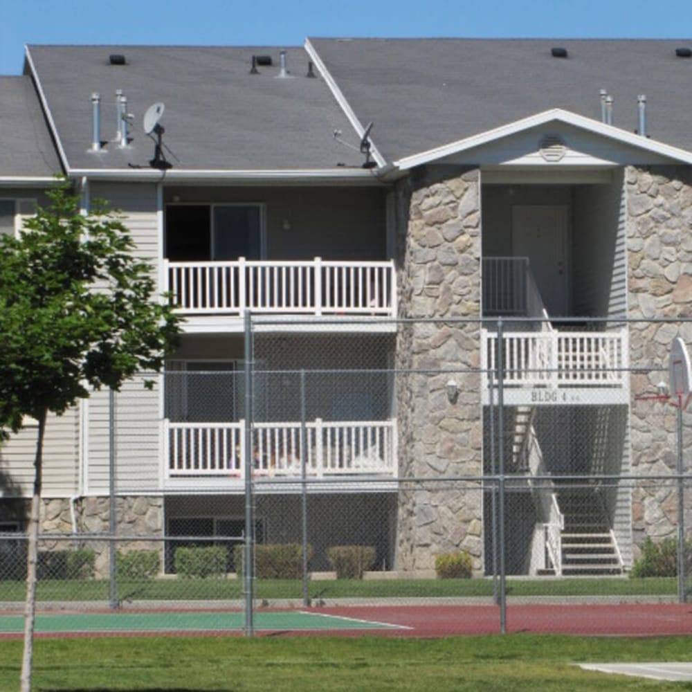 Exterior of an apartment building at Stonebridge Apartments in West Jordan, Utah
