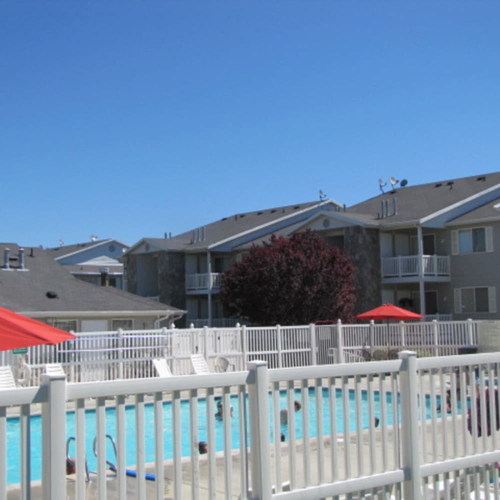 The gated community swimming pool at Stonebridge Apartments in West Jordan, Utah