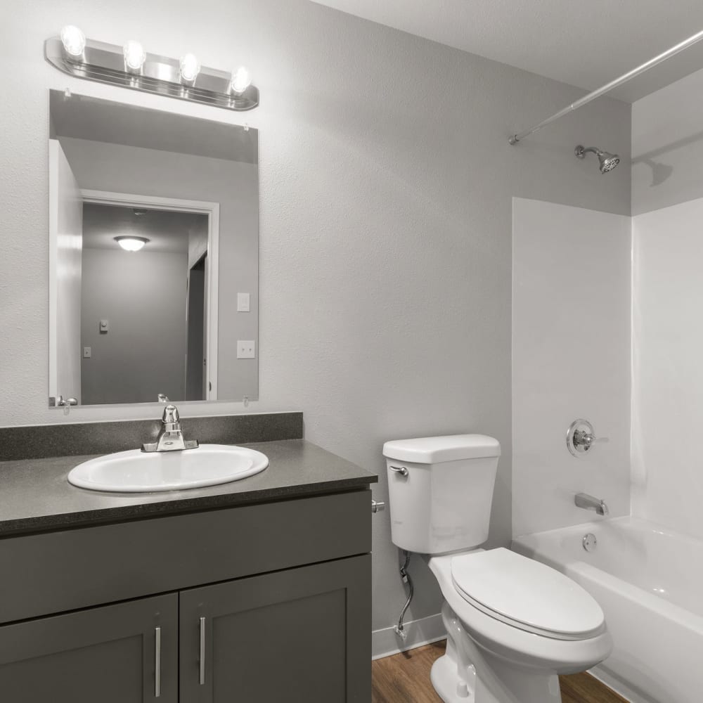 Bathroom with gray cabinet at The BLVD in Kent, Washington