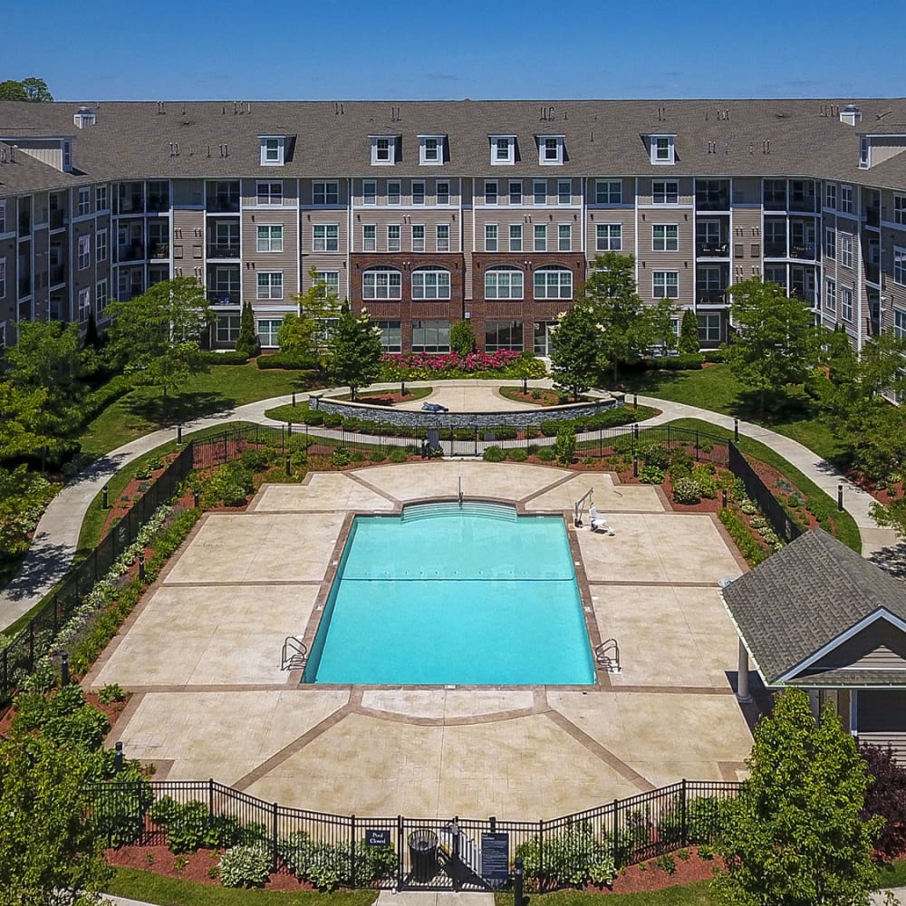 Aerial of the swimming pool at Marquee at Andover in Andover, Massachusetts