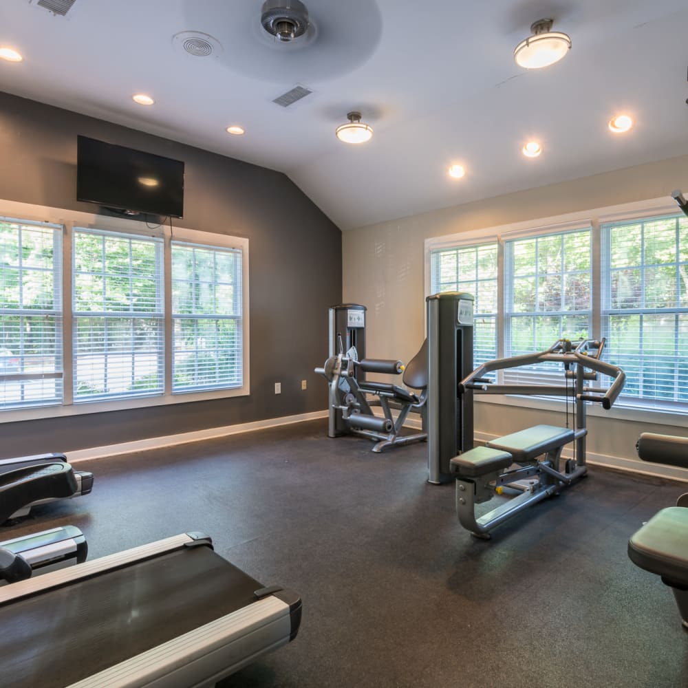 Fitness center with ample natural light at Bridgeport in Raleigh, North Carolina