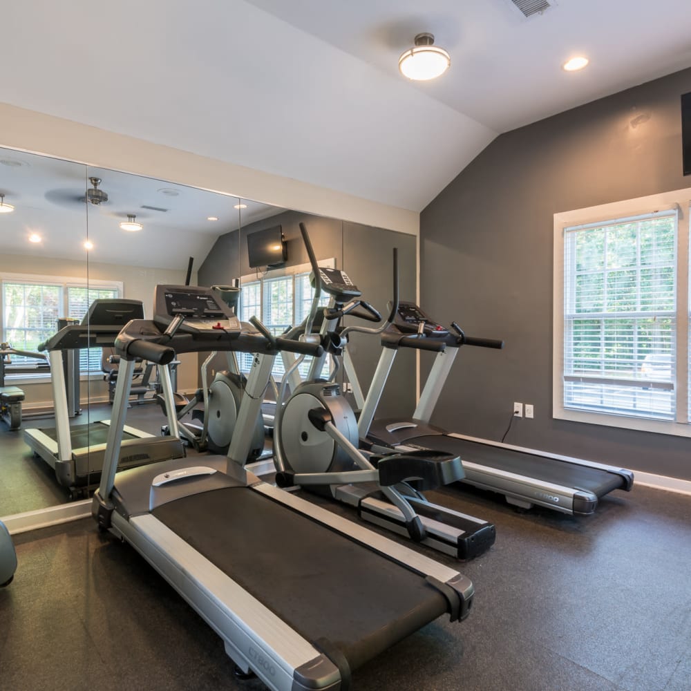Fitness center with treadmills at Bridgeport in Raleigh, North Carolina