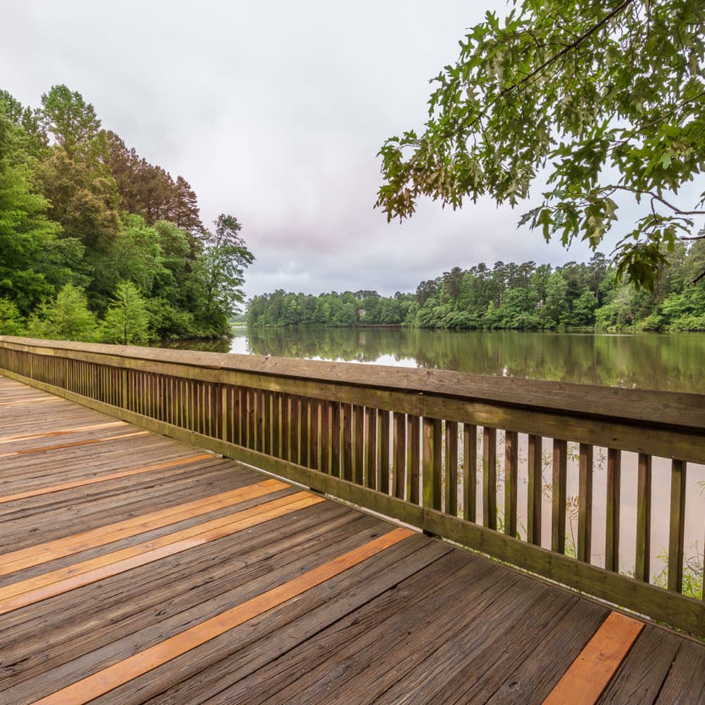 Wood deck beside the pond at Sailboat Bay in Raleigh, North Carolina