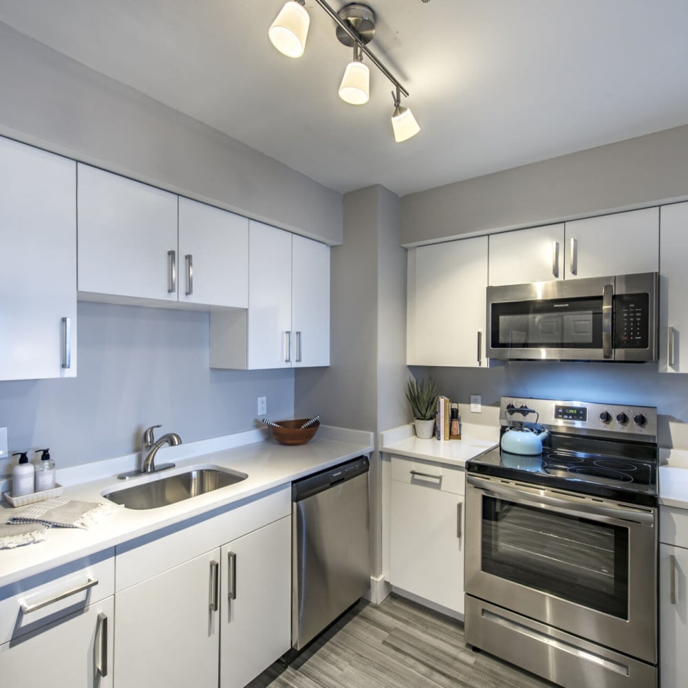 Kitchen with stainless-steel appliances at The 6Hundred in Worcester, Massachusetts