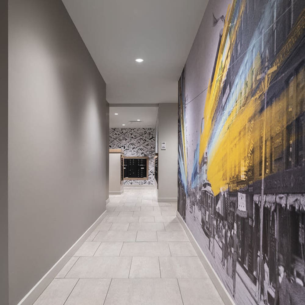 Hallways with mural paintings at The 6Hundred in Worcester, Massachusetts